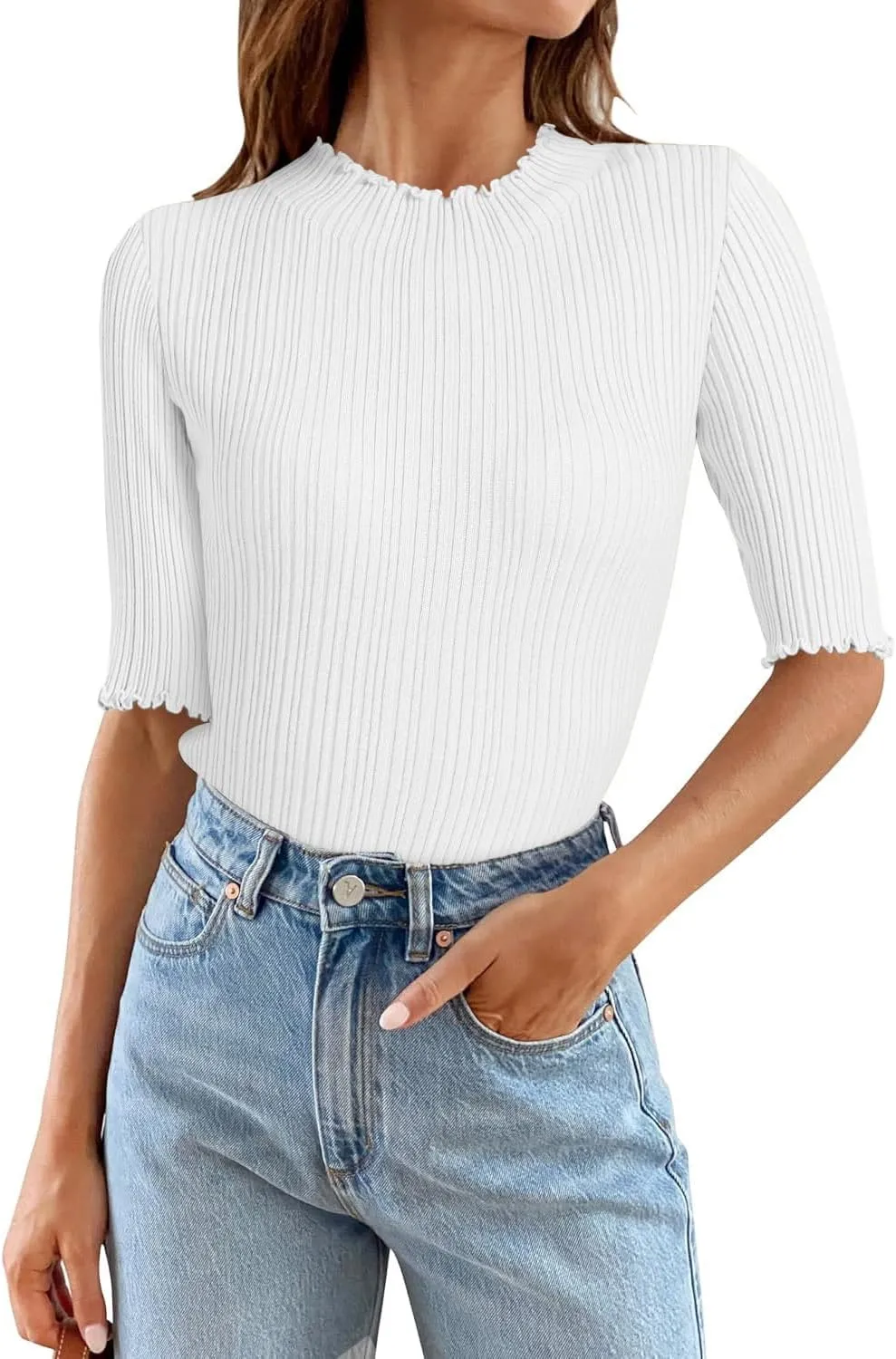 Tanou Women's Half Sleeve Pullover Sweaters Mock Neck Ribbed Knitted Small Wave Shirts Casual Slim Fit Basic Tee Tops