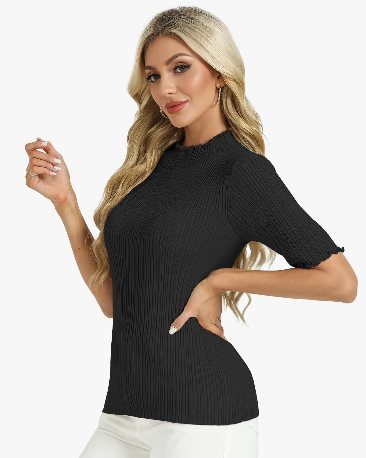 Tanou Women's Half Sleeve Pullover Sweaters Mock Neck Ribbed Knitted Small Wave Shirts Casual Slim Fit Basic Tee Tops