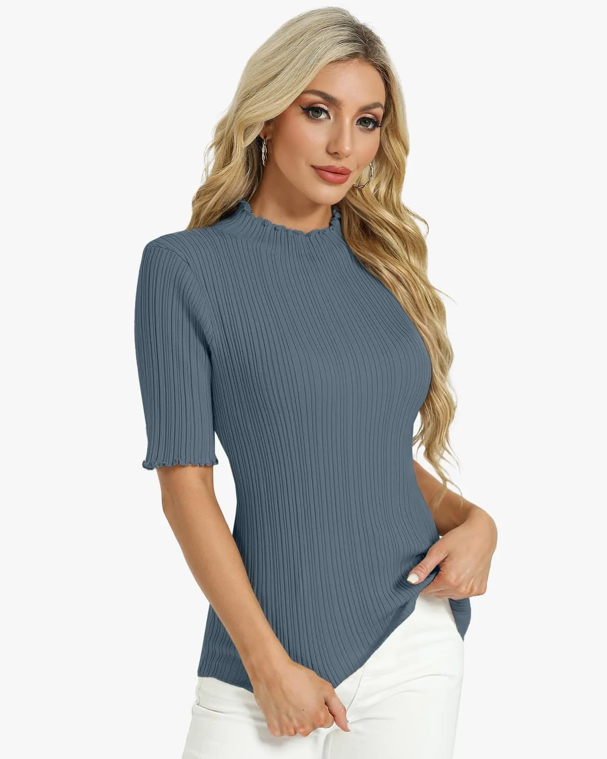 Tanou Women's Half Sleeve Pullover Sweaters Mock Neck Ribbed Knitted Small Wave Shirts Casual Slim Fit Basic Tee Tops