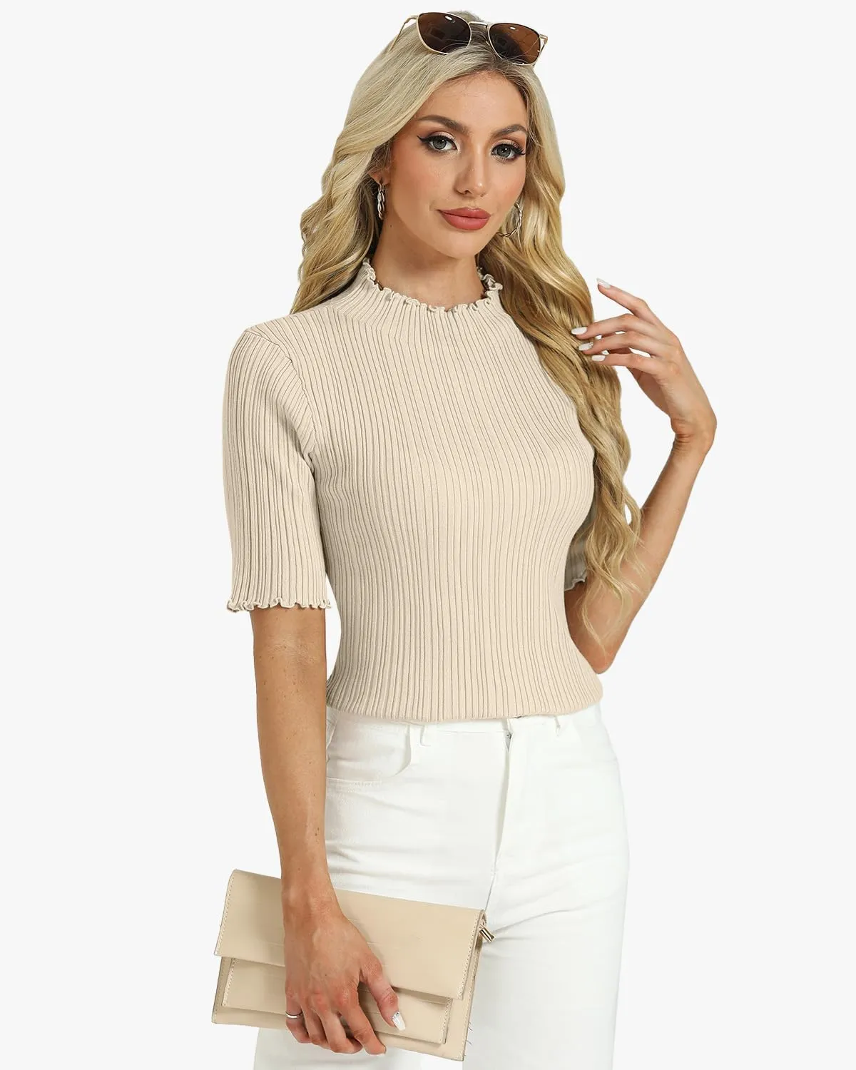 Tanou Women's Half Sleeve Pullover Sweaters Mock Neck Ribbed Knitted Small Wave Shirts Casual Slim Fit Basic Tee Tops