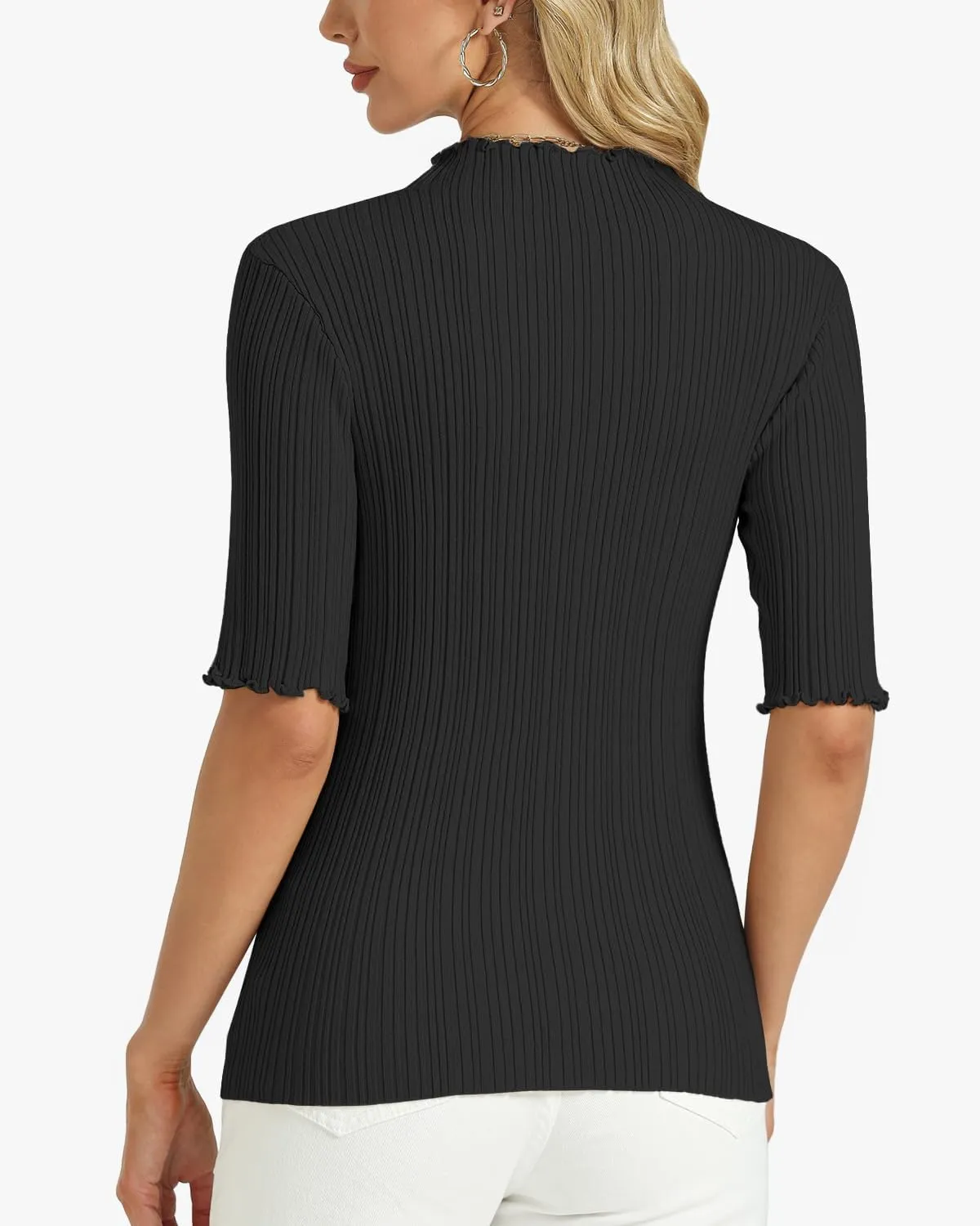 Tanou Women's Half Sleeve Pullover Sweaters Mock Neck Ribbed Knitted Small Wave Shirts Casual Slim Fit Basic Tee Tops