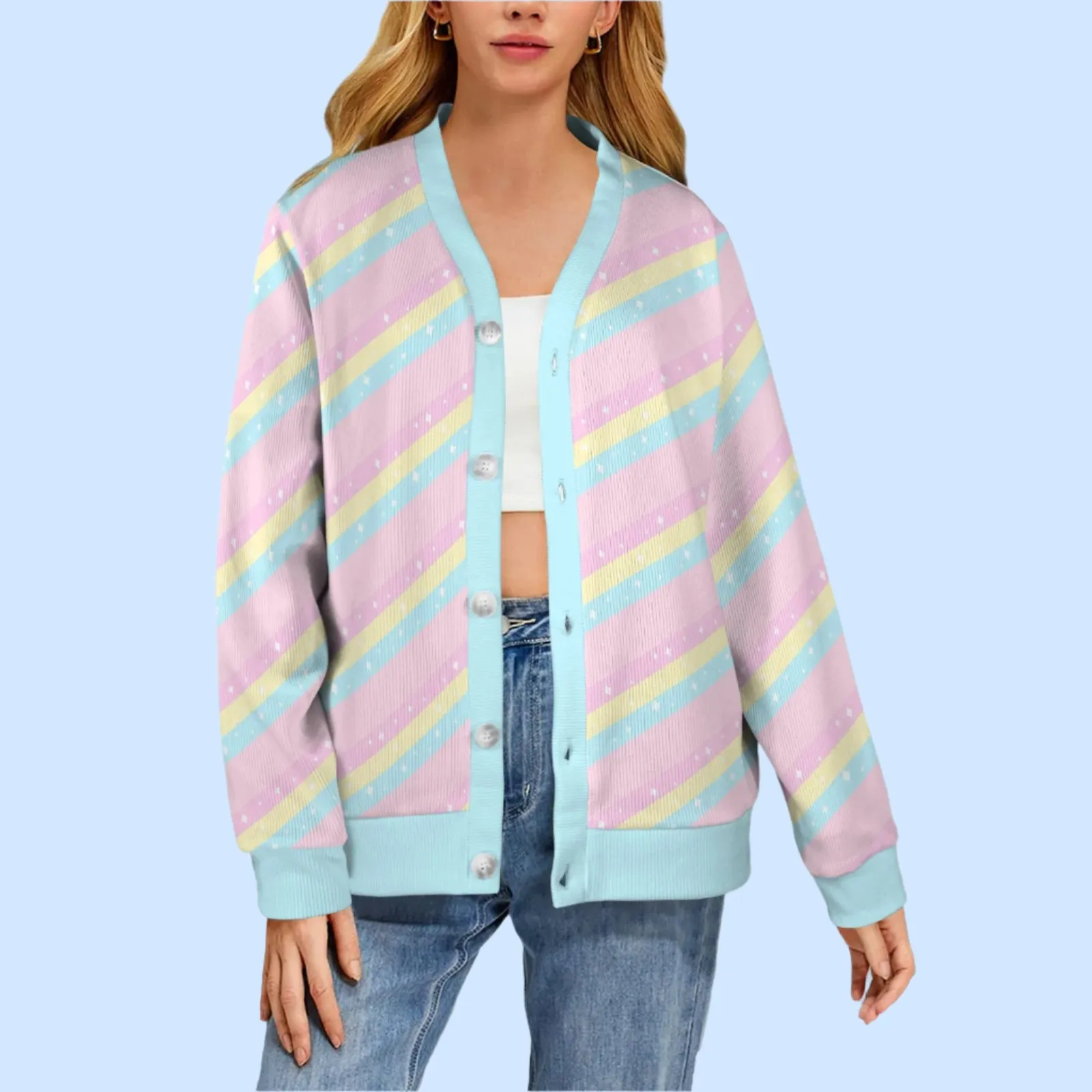 Teatime Fantasy Pink Women's Ribbed Button Up Cardigan