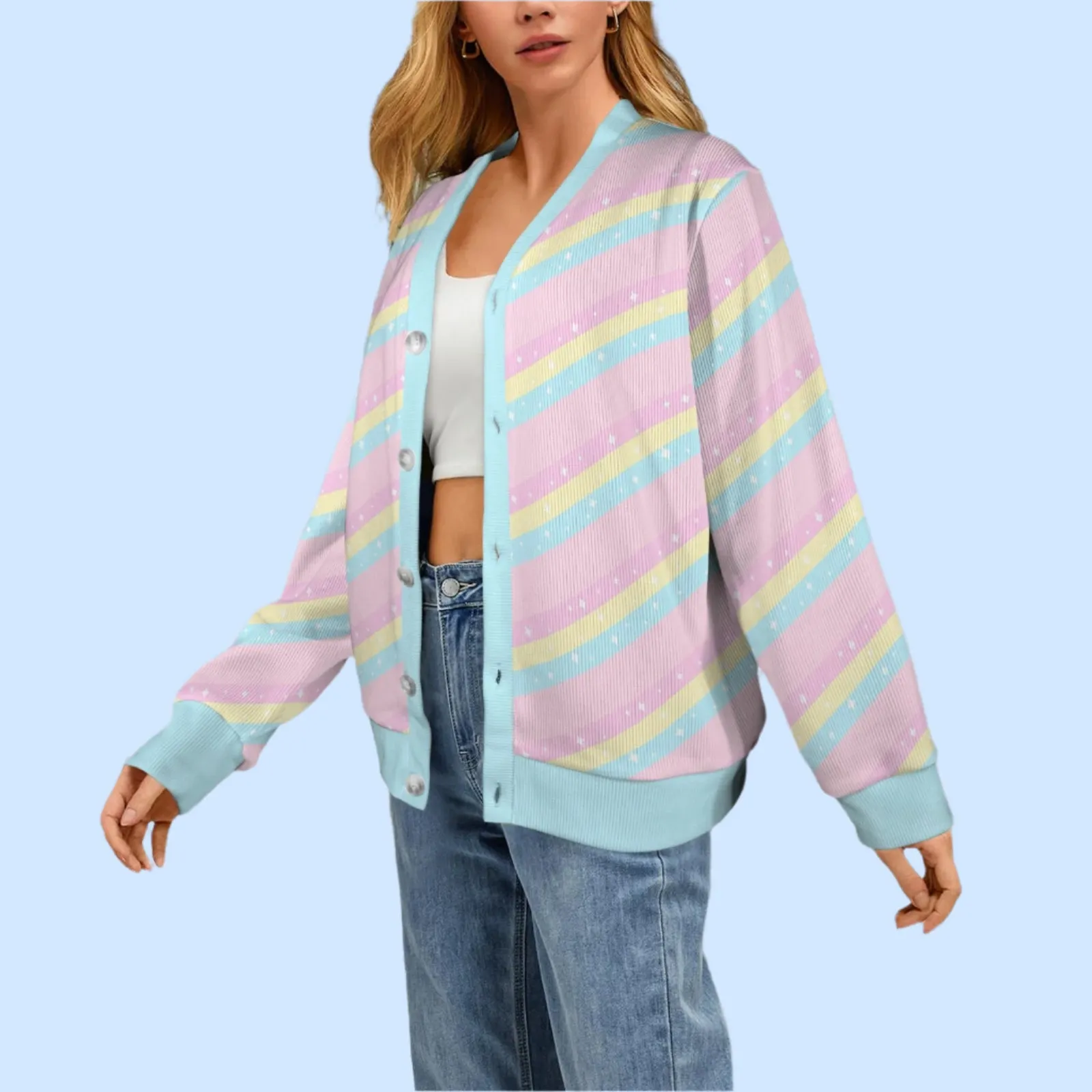 Teatime Fantasy Pink Women's Ribbed Button Up Cardigan