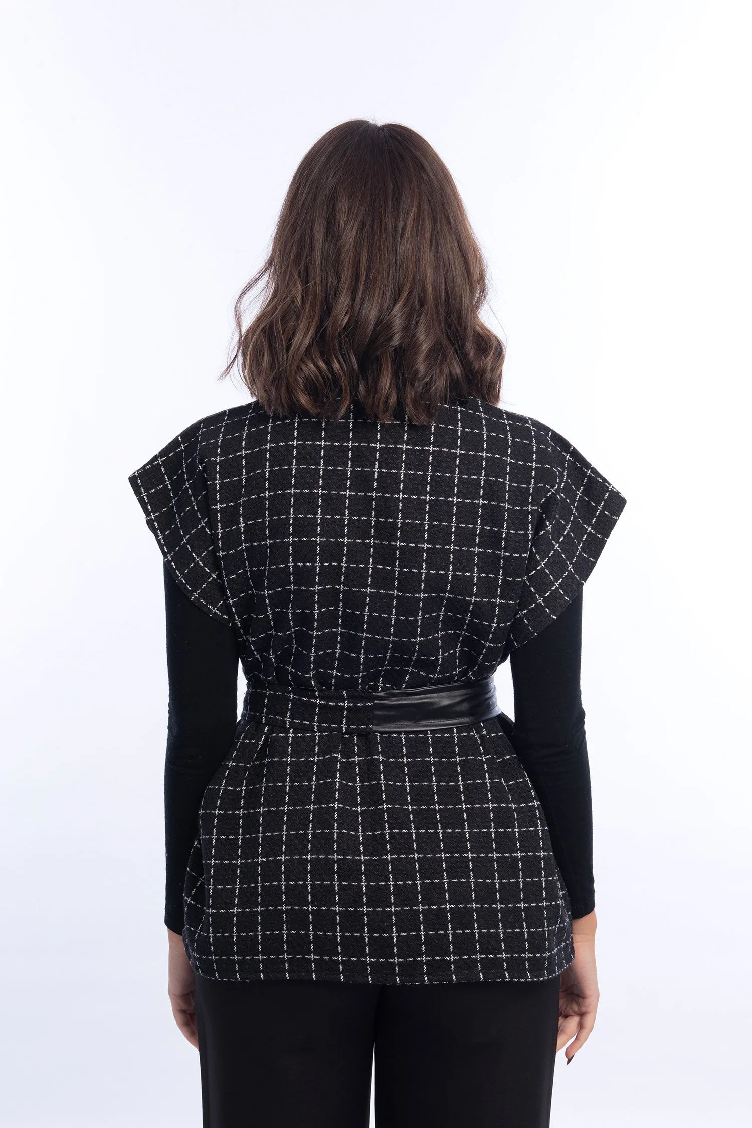 Tweed Belted Vest With Buttons - Leocansa