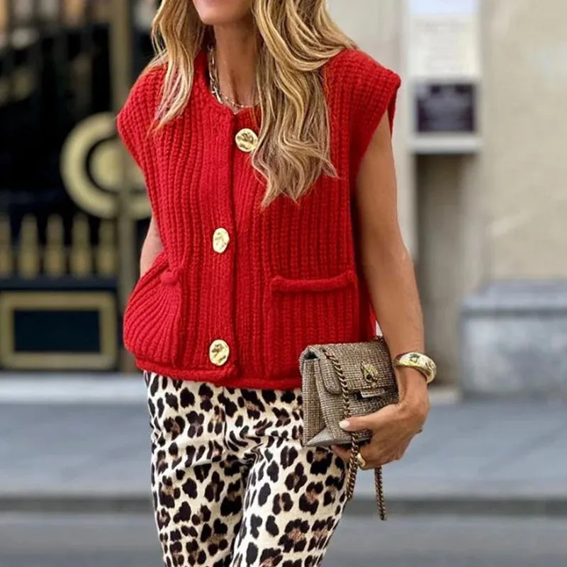 UAKISS  -  2024 New Solid Color Slim Knitted Cardigan Elegant Women's O Neck Short Sleeved Coat Fashion Single Breasted Streetwear Sweater