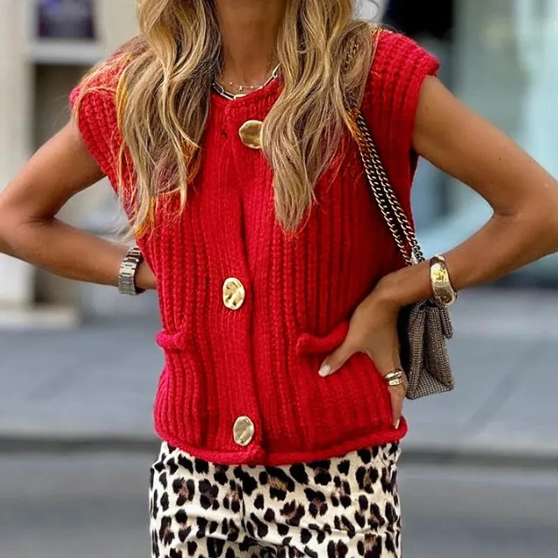 UAKISS  -  2024 New Solid Color Slim Knitted Cardigan Elegant Women's O Neck Short Sleeved Coat Fashion Single Breasted Streetwear Sweater