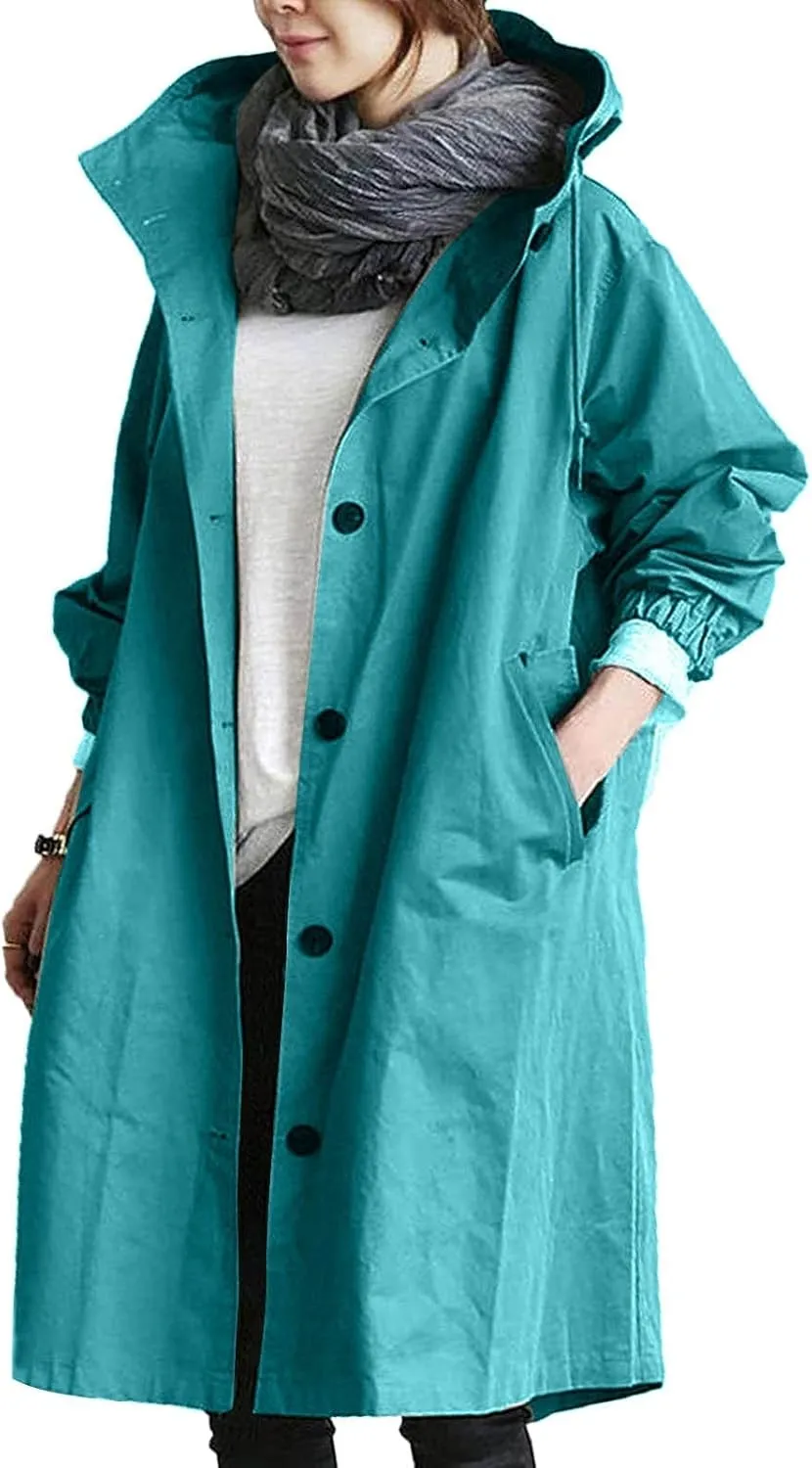 UOFOCO Womens Anorak Rain Coat with Hood Waterproof Plus Size Long Rain Jacket Trench Coat Windbreaker for Women