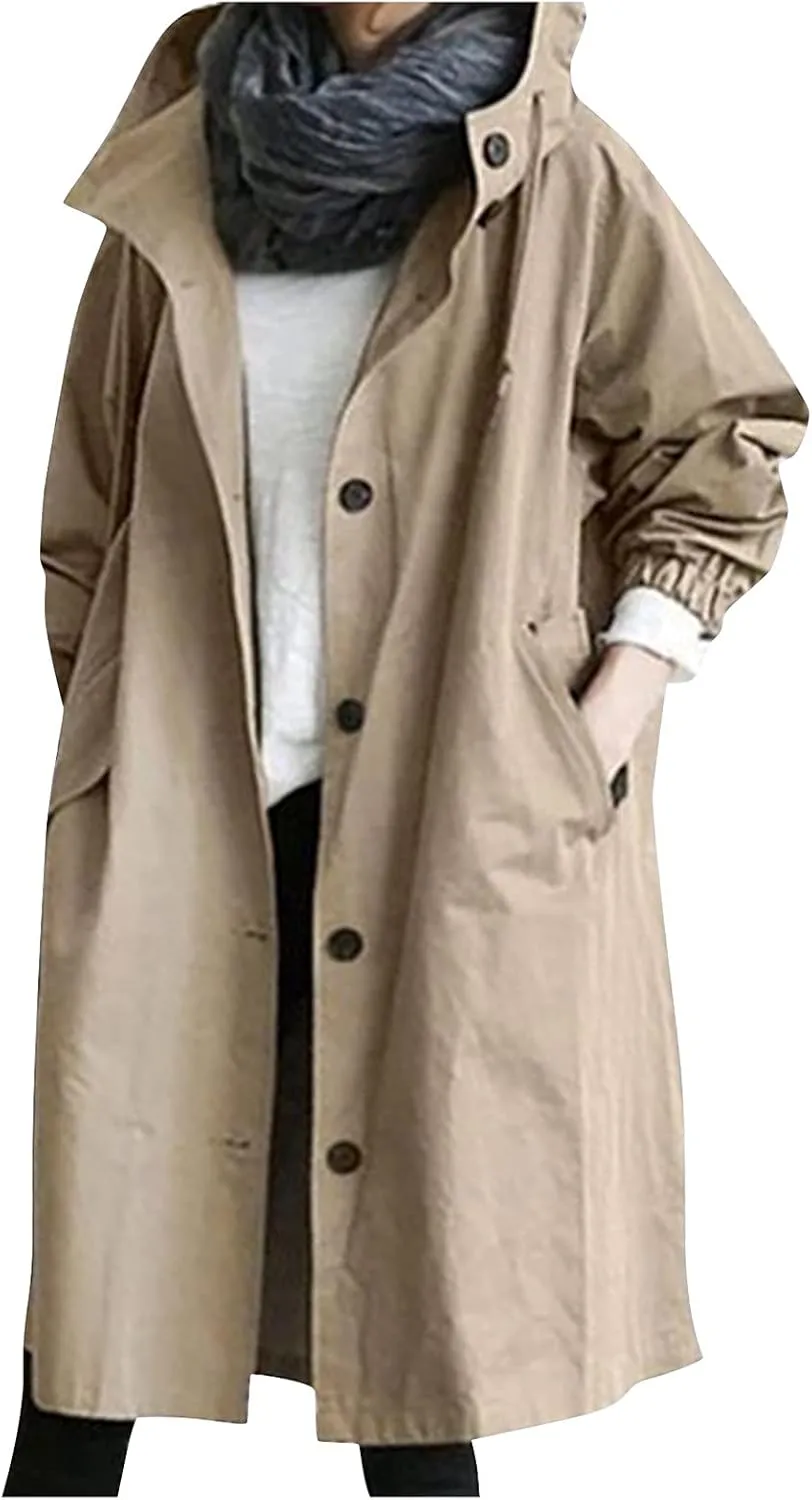 UOFOCO Womens Anorak Rain Coat with Hood Waterproof Plus Size Long Rain Jacket Trench Coat Windbreaker for Women