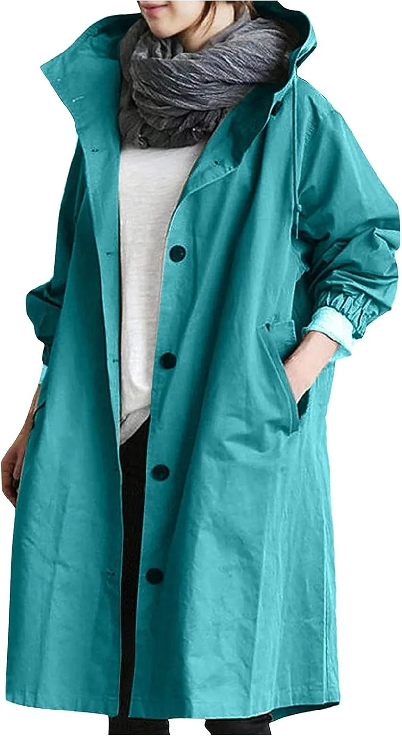 UOFOCO Womens Anorak Rain Coat with Hood Waterproof Plus Size Long Rain Jacket Trench Coat Windbreaker for Women
