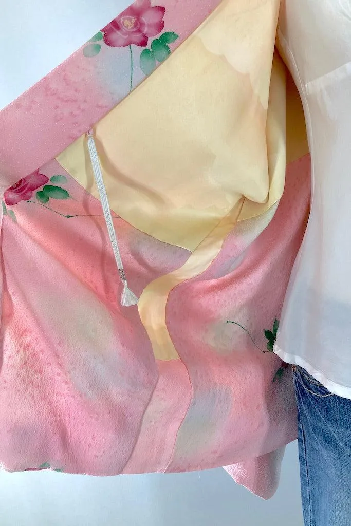 Vintage Pink Roses Silk Kimono Cardigan