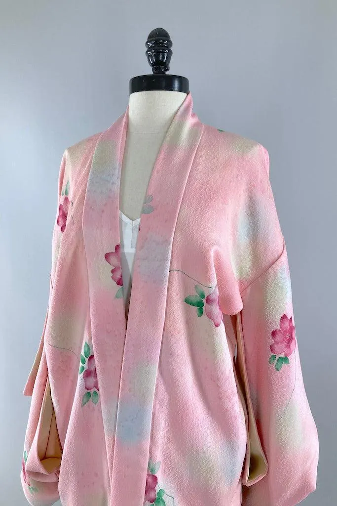 Vintage Pink Roses Silk Kimono Cardigan
