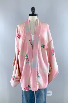 Vintage Pink Roses Silk Kimono Cardigan