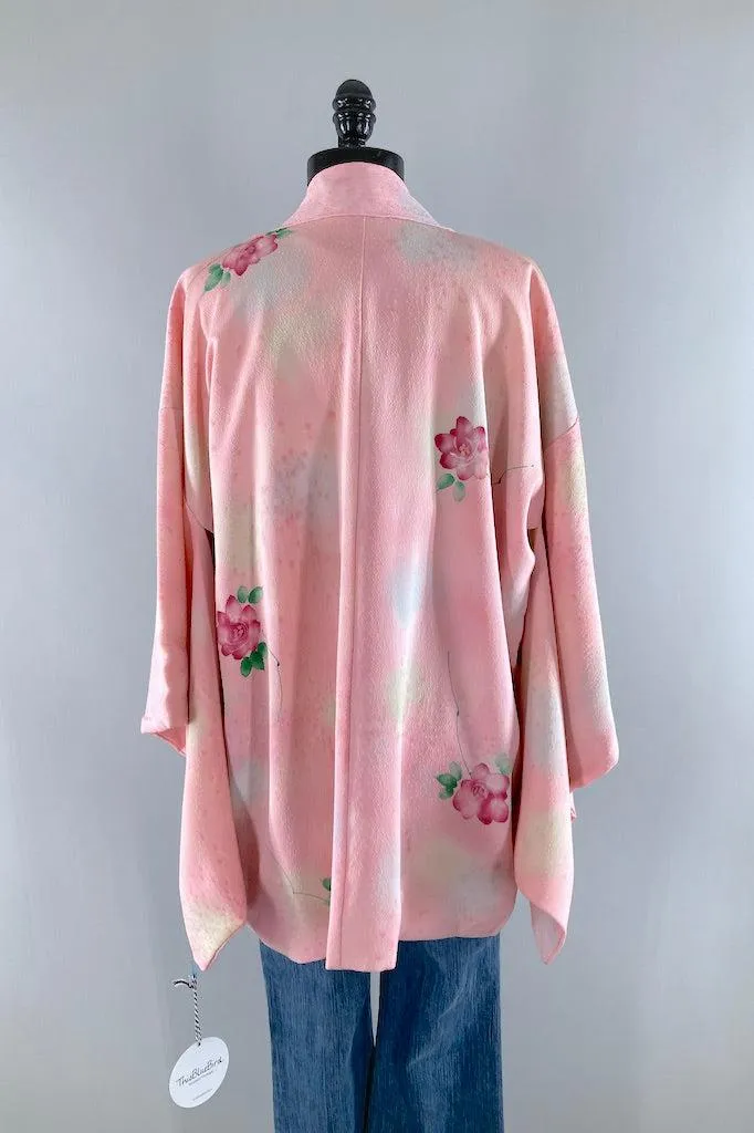 Vintage Pink Roses Silk Kimono Cardigan