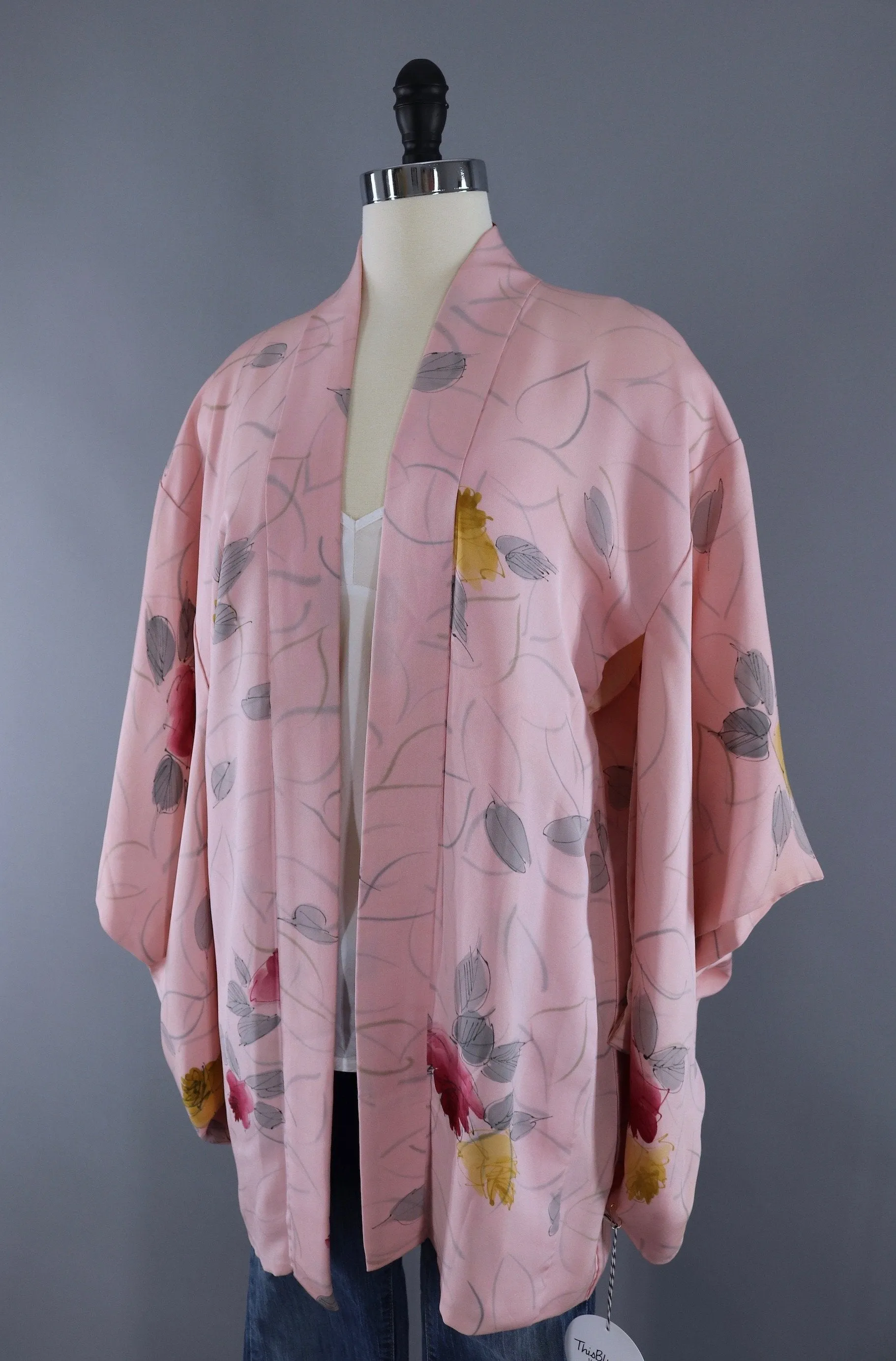 Vintage Silk Kimono Cardigan Jaket / Pastel Pink Rose Floral Print