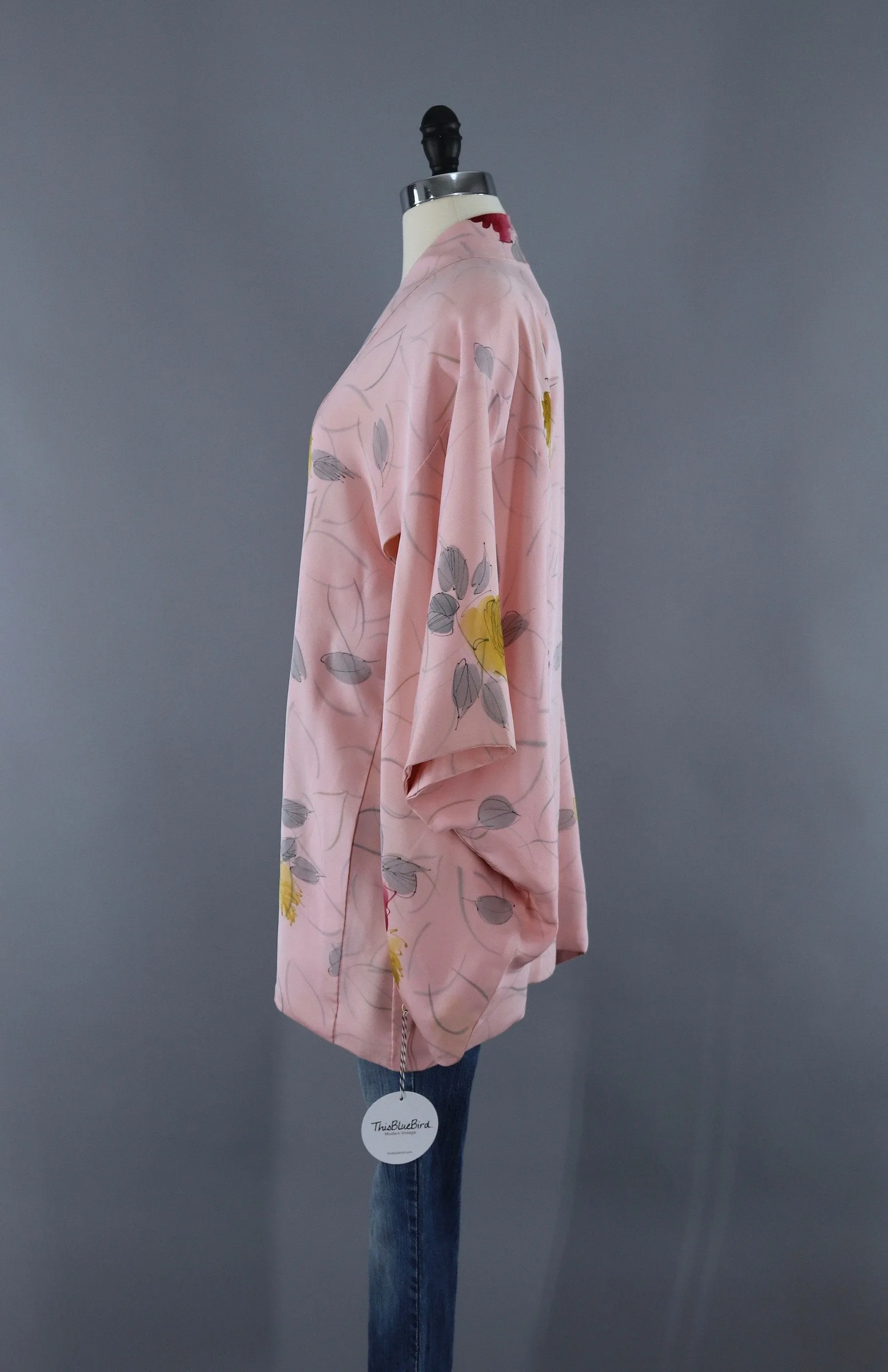 Vintage Silk Kimono Cardigan Jaket / Pastel Pink Rose Floral Print