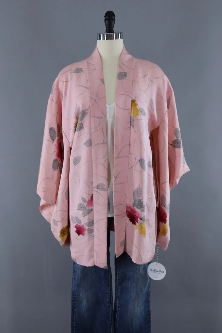 Vintage Silk Kimono Cardigan Jaket / Pastel Pink Rose Floral Print