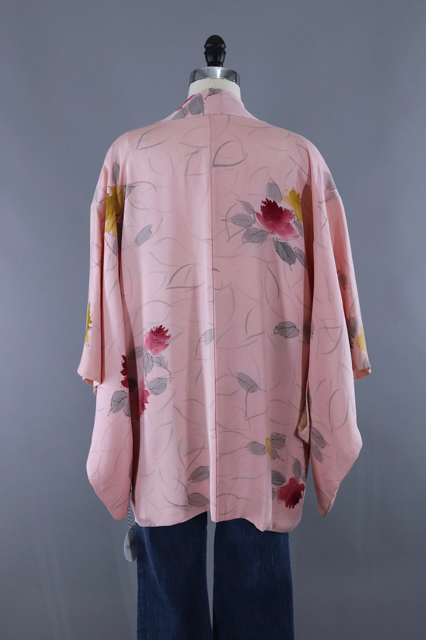 Vintage Silk Kimono Cardigan Jaket / Pastel Pink Rose Floral Print