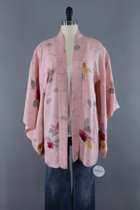 Vintage Silk Kimono Cardigan Jaket / Pastel Pink Rose Floral Print