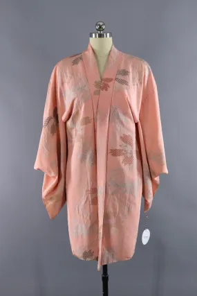 Vintage Silk Kimono Cardigan / Pastel Pink Silver Floral Embroidery