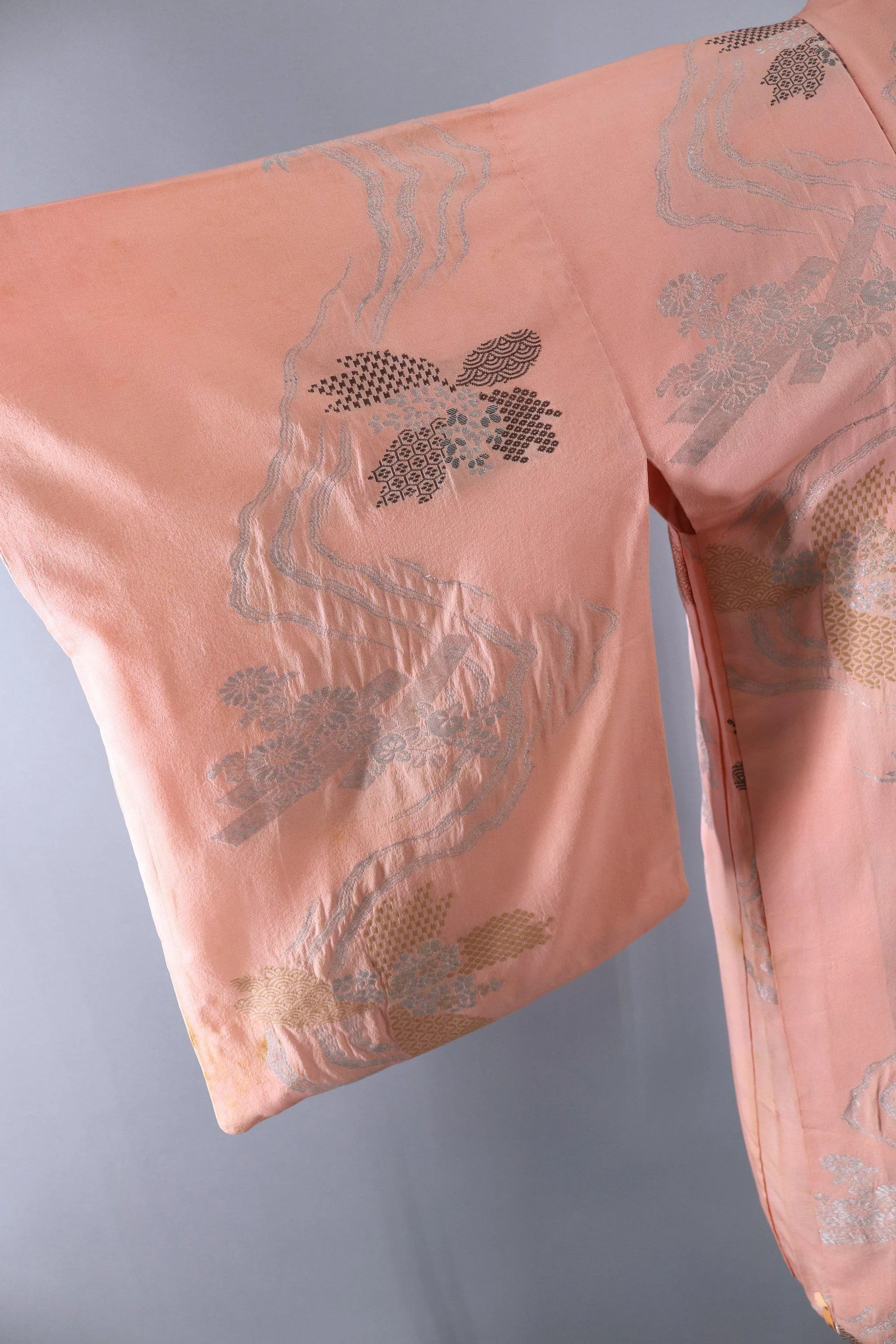 Vintage Silk Kimono Cardigan / Pastel Pink Silver Floral Embroidery