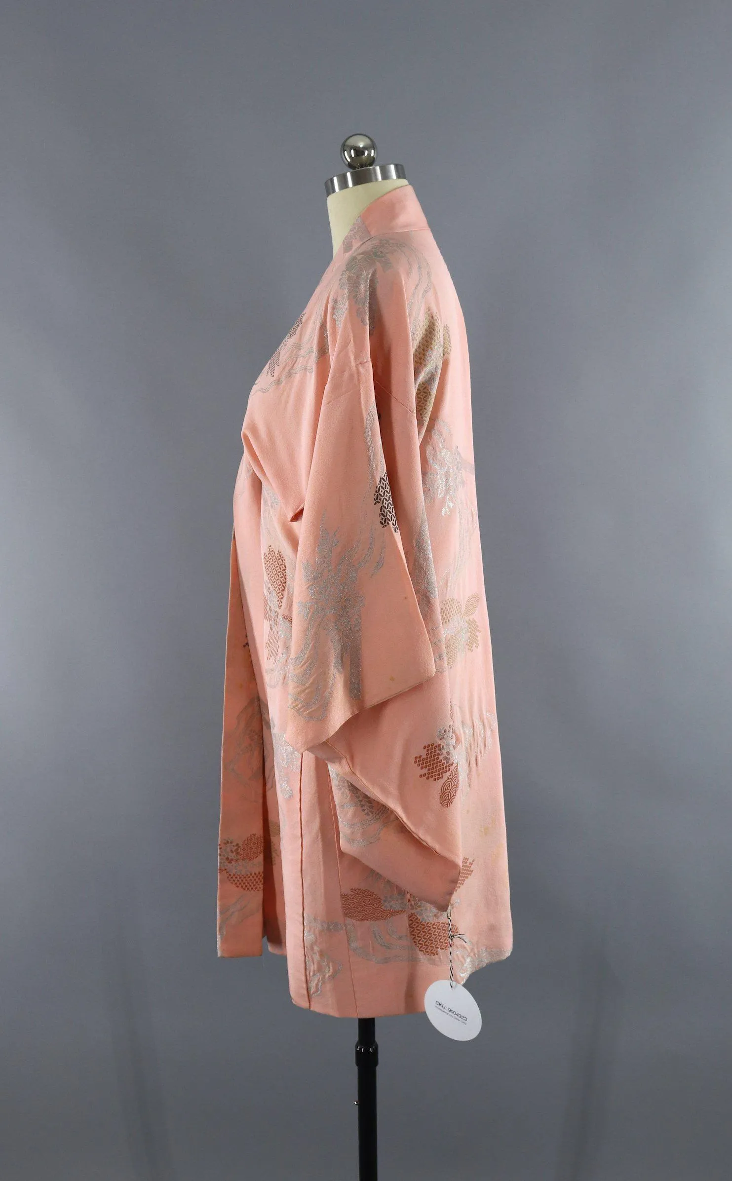Vintage Silk Kimono Cardigan / Pastel Pink Silver Floral Embroidery