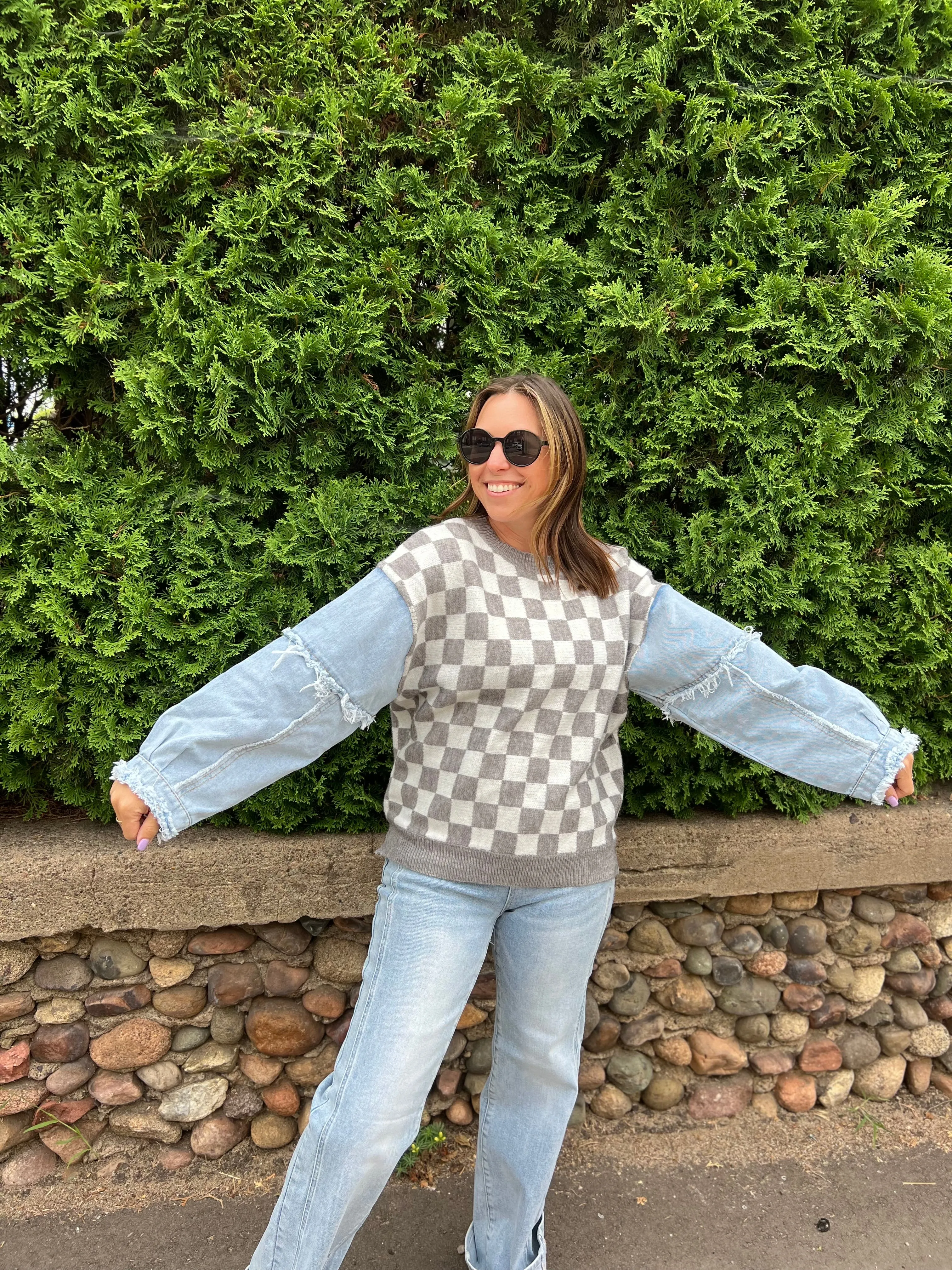 Washed Denim Sleeve Checkered Sweater