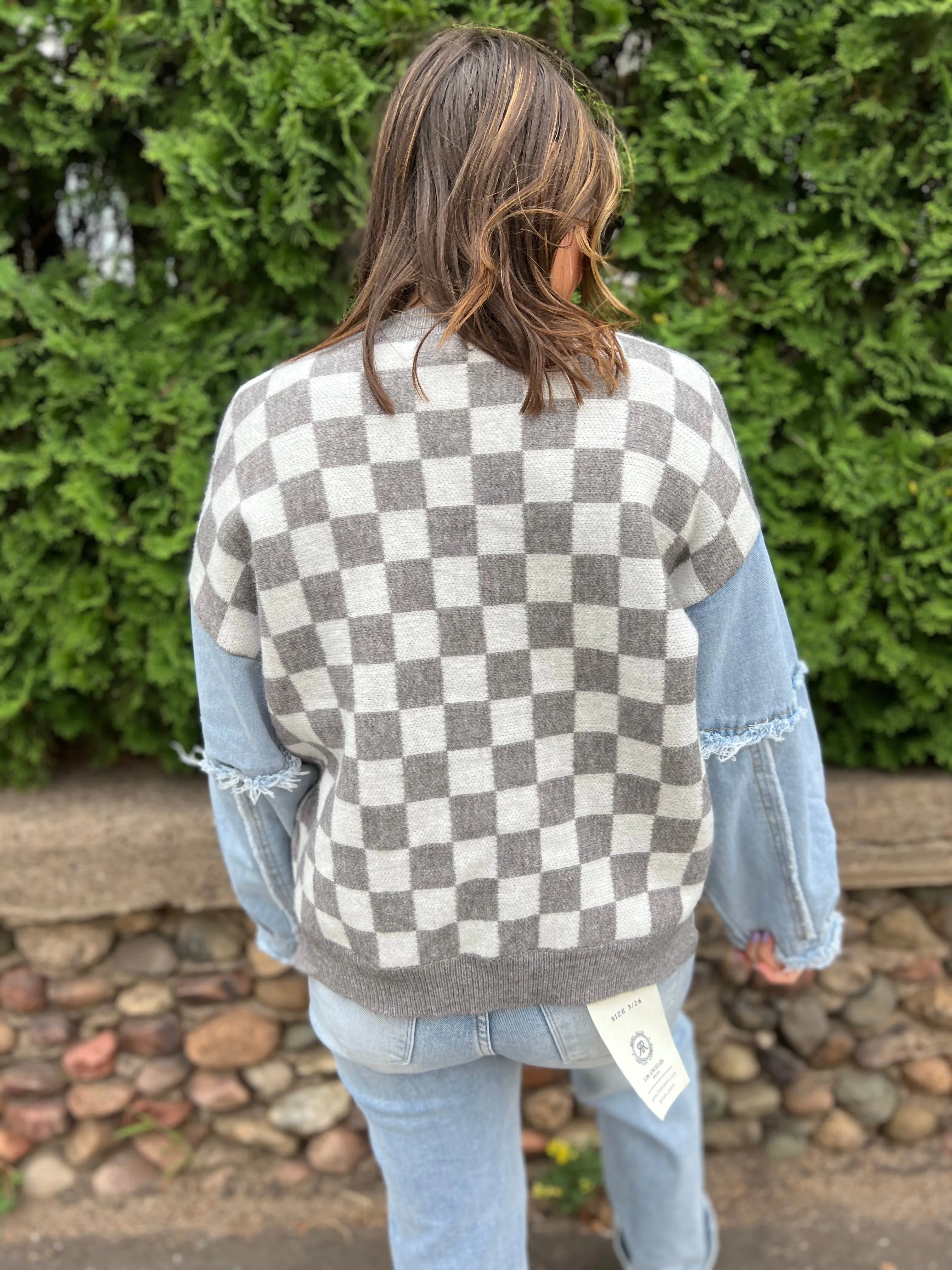 Washed Denim Sleeve Checkered Sweater
