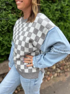 Washed Denim Sleeve Checkered Sweater