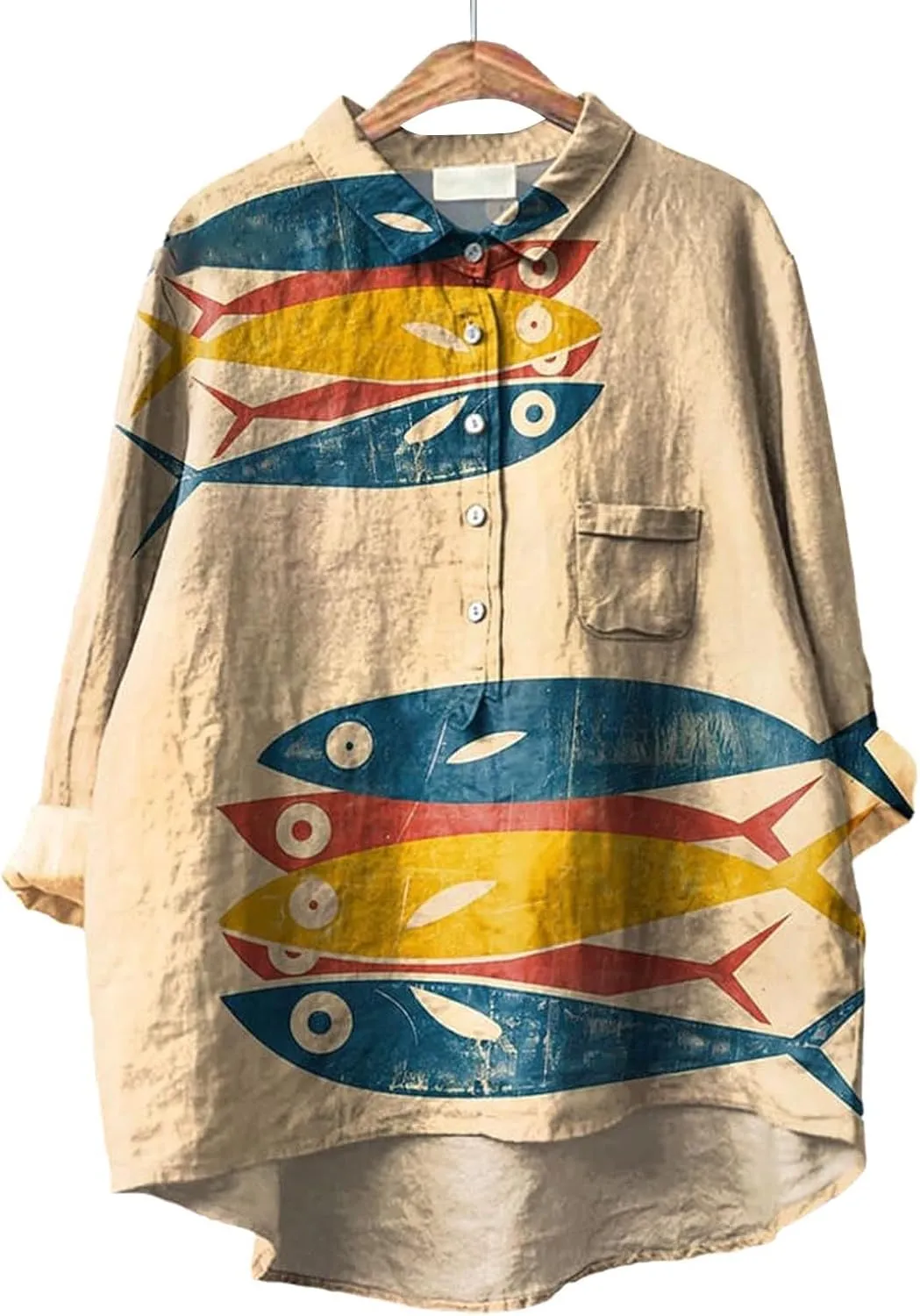 Women Floral Print Linen Shirts Gaze Tops Lapel Neck Button Blouses Long Comfy Tops Summer Casual Drassy Tunic Top