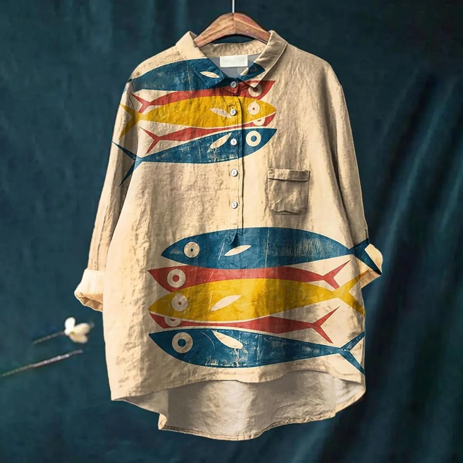 Women Floral Print Linen Shirts Gaze Tops Lapel Neck Button Blouses Long Comfy Tops Summer Casual Drassy Tunic Top
