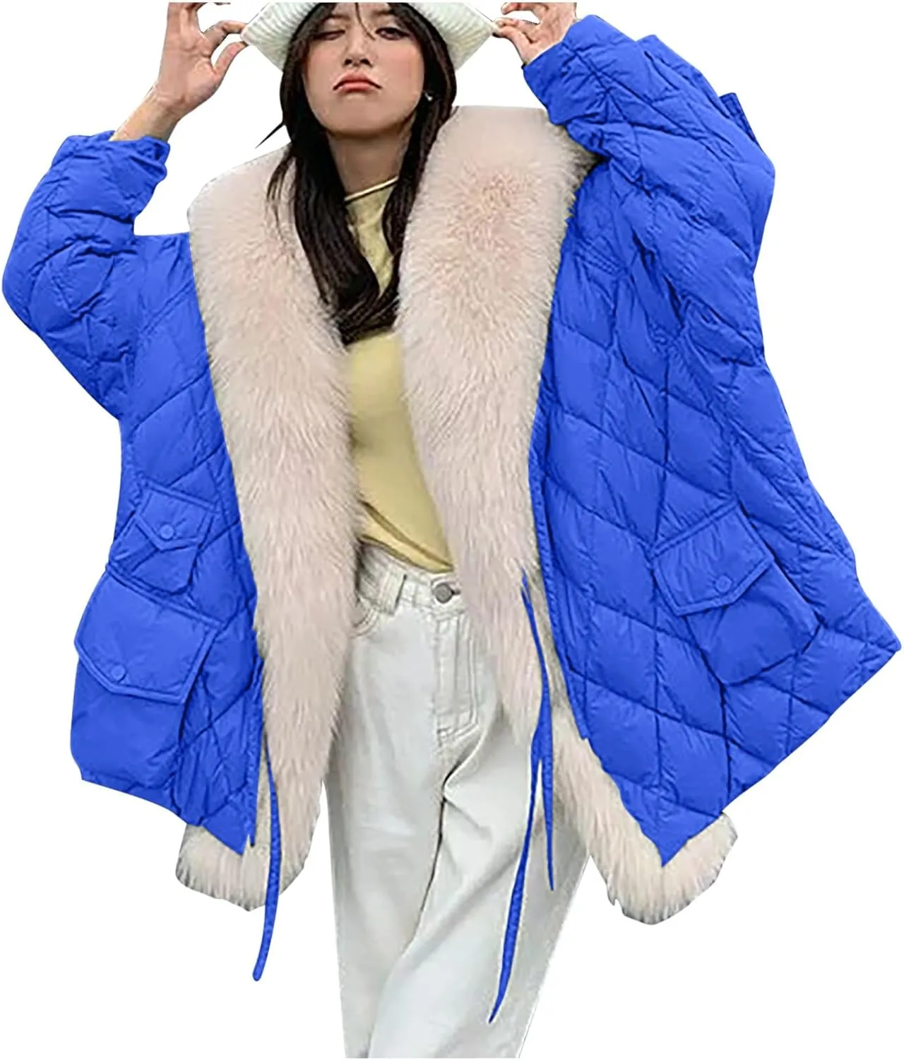 Women Thicken Warm Winter Puffer Coat Shawl Collar Down Parka Faux Fur Outdoor Overcoat Oversized Down Jacket Outwear