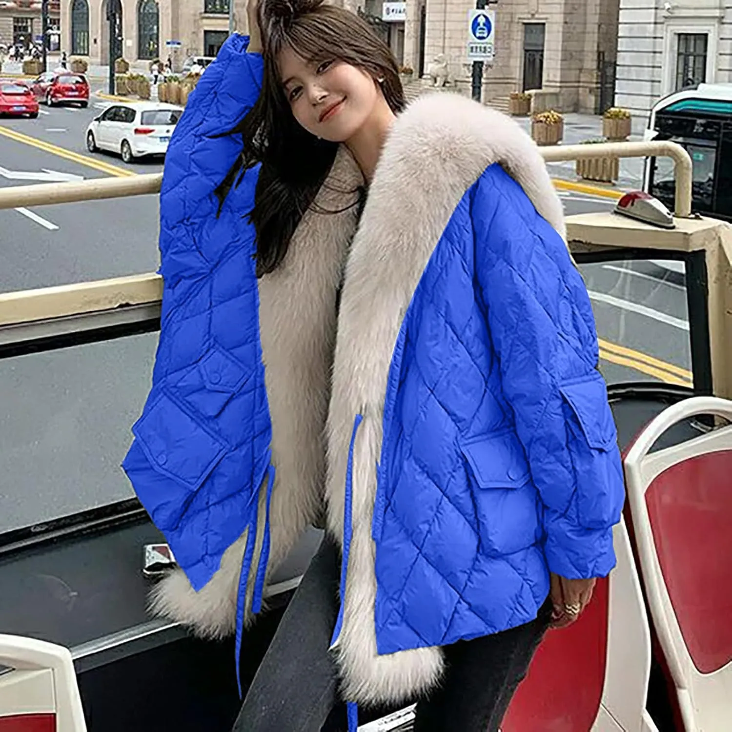 Women Thicken Warm Winter Puffer Coat Shawl Collar Down Parka Faux Fur Outdoor Overcoat Oversized Down Jacket Outwear