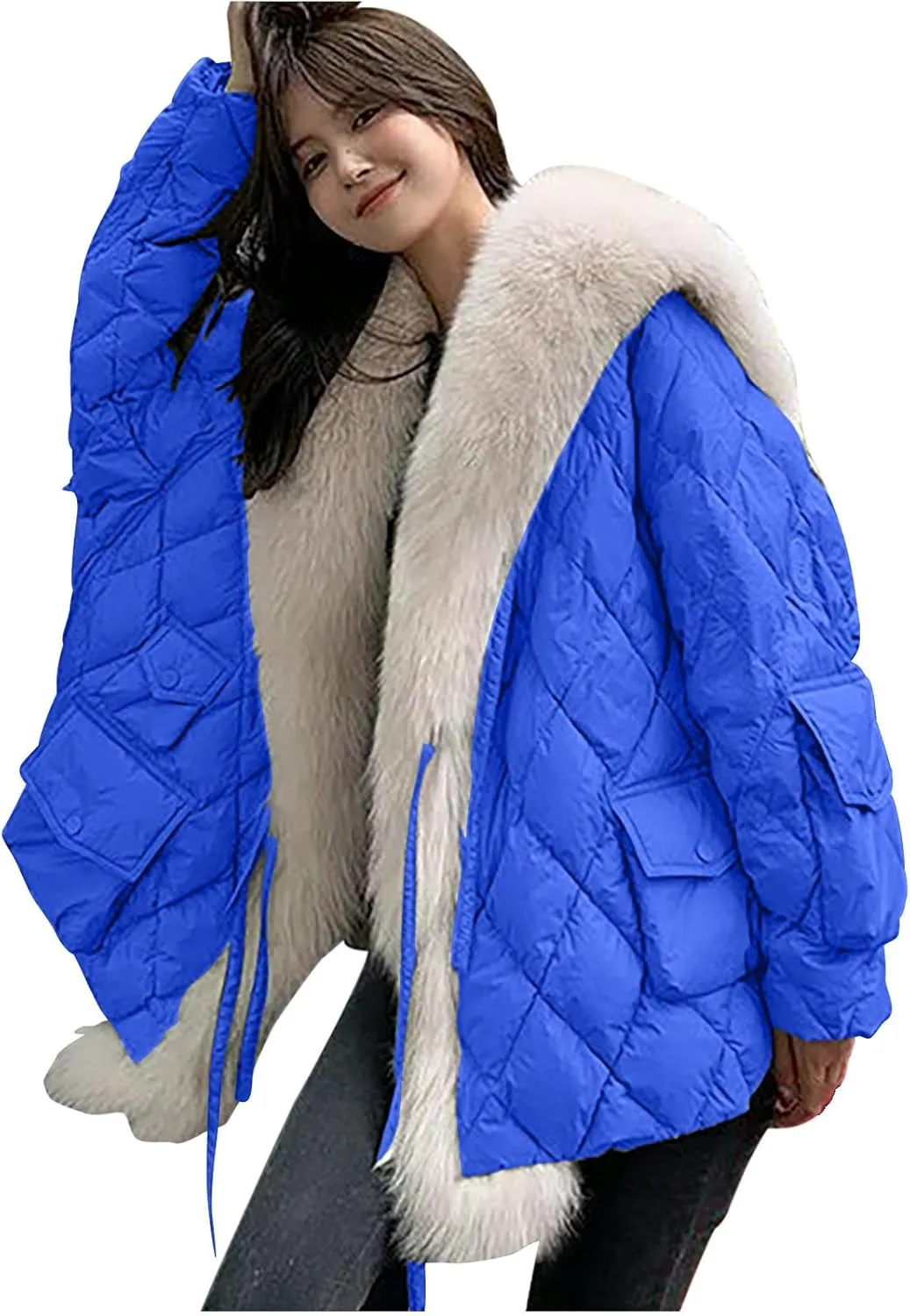 Women Thicken Warm Winter Puffer Coat Shawl Collar Down Parka Faux Fur Outdoor Overcoat Oversized Down Jacket Outwear