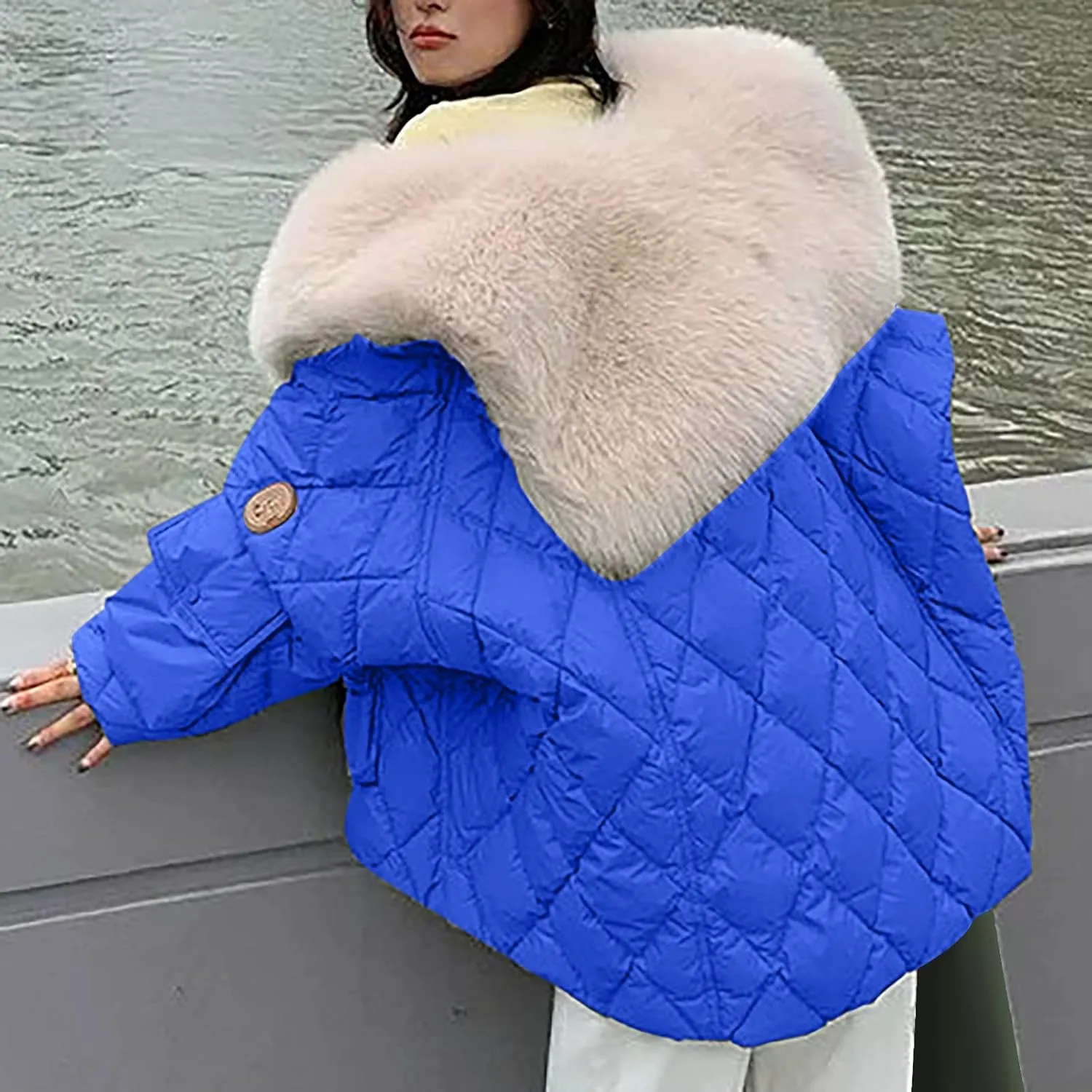 Women Thicken Warm Winter Puffer Coat Shawl Collar Down Parka Faux Fur Outdoor Overcoat Oversized Down Jacket Outwear