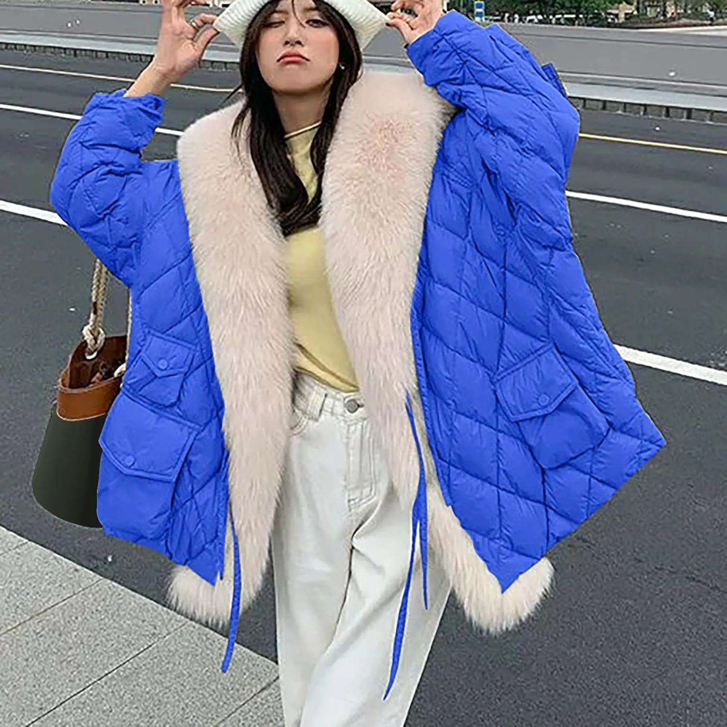 Women Thicken Warm Winter Puffer Coat Shawl Collar Down Parka Faux Fur Outdoor Overcoat Oversized Down Jacket Outwear