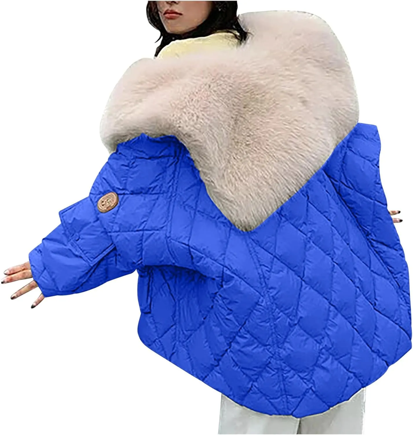 Women Thicken Warm Winter Puffer Coat Shawl Collar Down Parka Faux Fur Outdoor Overcoat Oversized Down Jacket Outwear