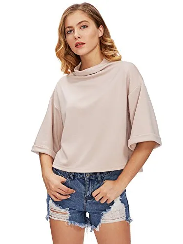 Women's 3/4 Sleeve Mock Neck Basic Loose T-Shirt Elegant Top Apricot Small