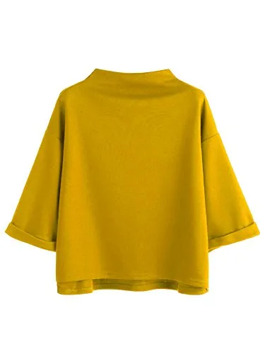 Women's 3/4 Sleeve Mock Neck Basic Loose T-Shirt Elegant Top Apricot Small