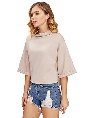 Women's 3/4 Sleeve Mock Neck Basic Loose T-Shirt Elegant Top Apricot Small