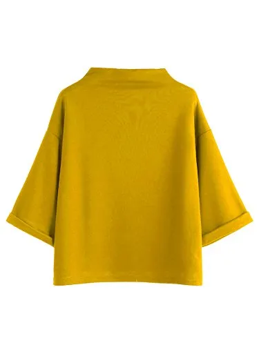 Women's 3/4 Sleeve Mock Neck Basic Loose T-Shirt Elegant Top Apricot Small