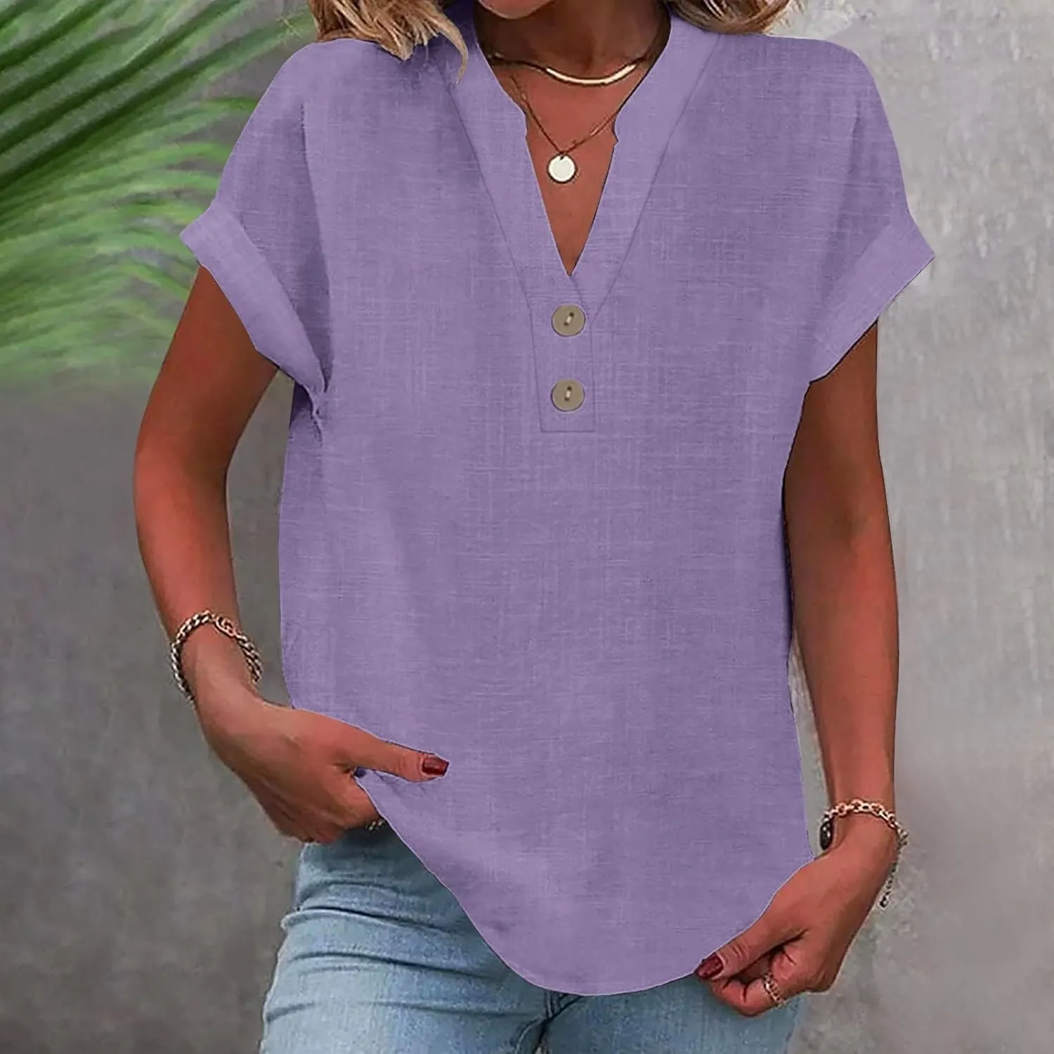 Womens Button Down Linen Shirt Short Sleeve V Neck Shirts Solid Color Comfy Tops Summer Casual Dressy Tunic Top