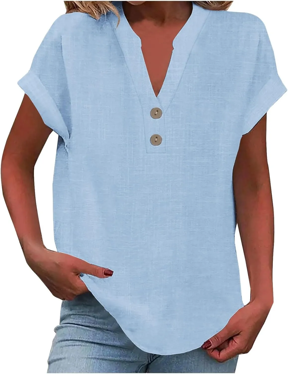 Womens Button Down Linen Shirt Short Sleeve V Neck Shirts Solid Color Comfy Tops Summer Casual Dressy Tunic Top