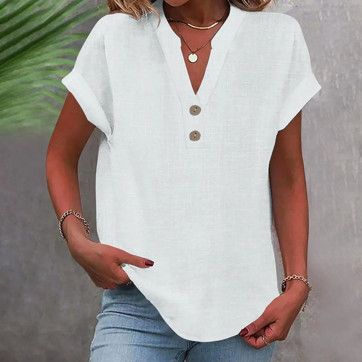 Womens Button Down Linen Shirt Short Sleeve V Neck Shirts Solid Color Comfy Tops Summer Casual Dressy Tunic Top