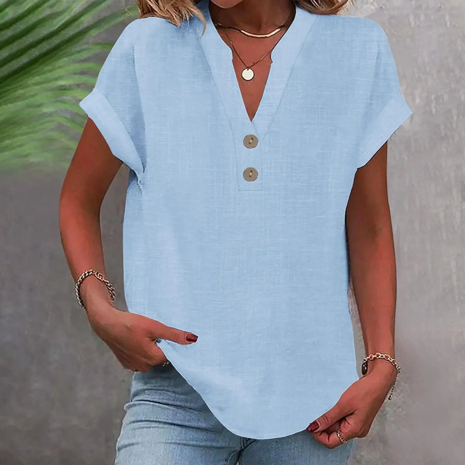 Womens Button Down Linen Shirt Short Sleeve V Neck Shirts Solid Color Comfy Tops Summer Casual Dressy Tunic Top
