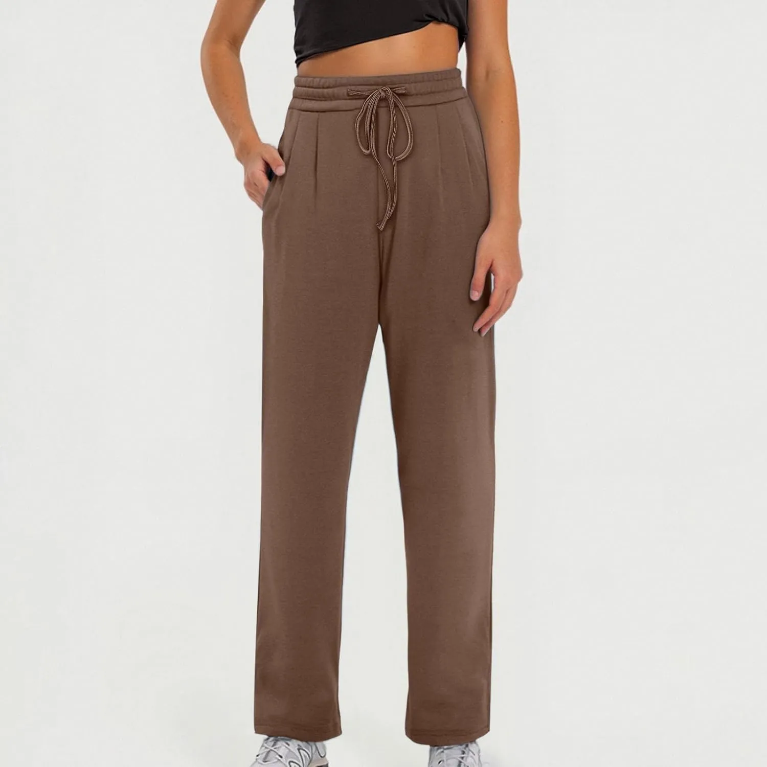 Women's Cotton Linen Pants Straight-Leg Elastic High Waisted Drawstring Casual Pants Soft Stretchy Summer Trousers