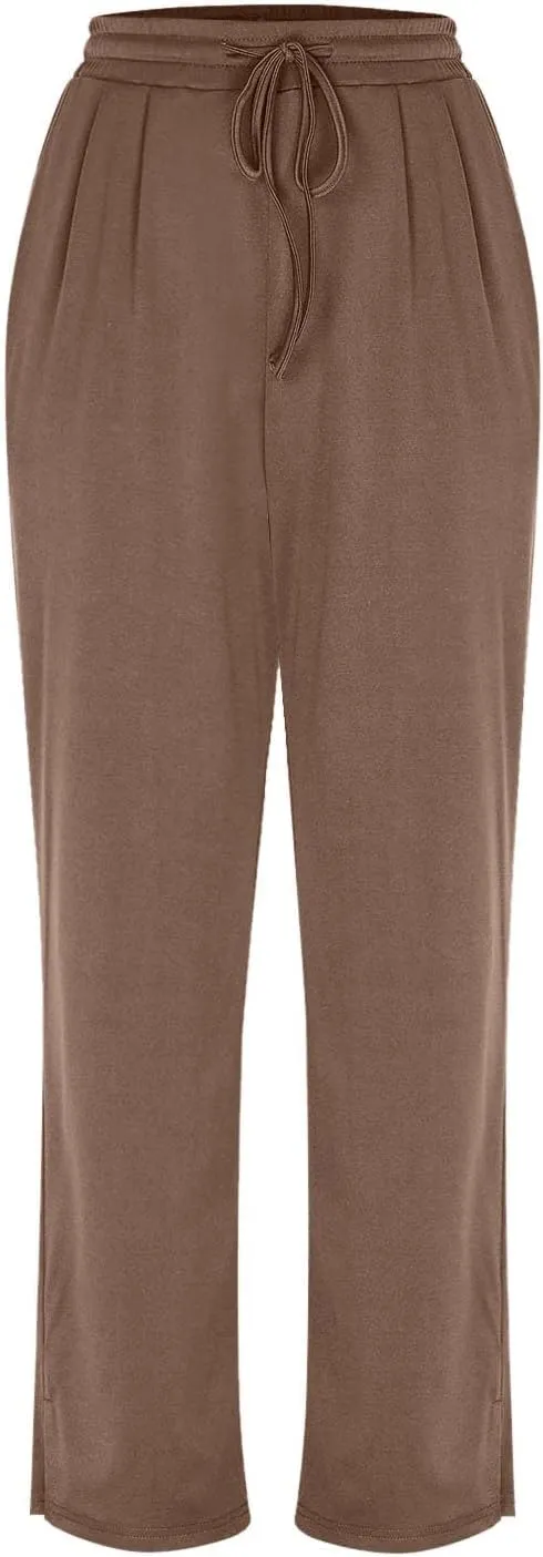 Women's Cotton Linen Pants Straight-Leg Elastic High Waisted Drawstring Casual Pants Soft Stretchy Summer Trousers