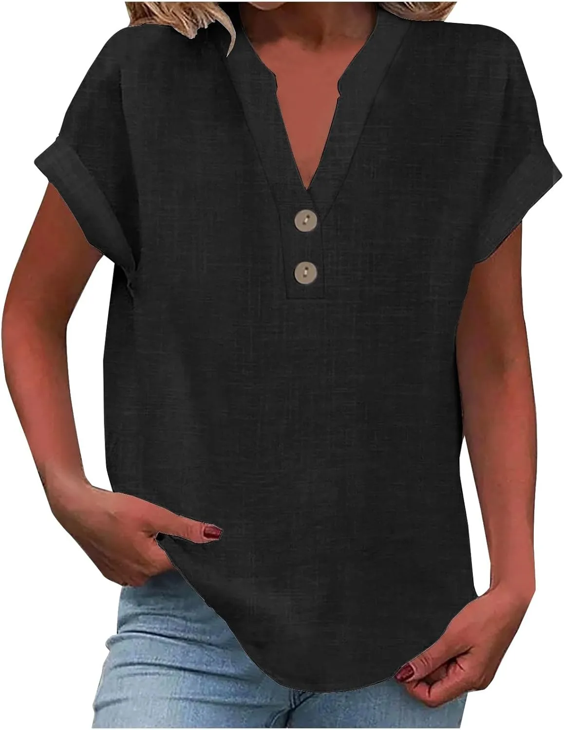 Womens Cotton Linen Tees Summer Short Cap Sleeve Rolled Button Up Shirts Casual V Neck Collared Comfy Blouses Tops