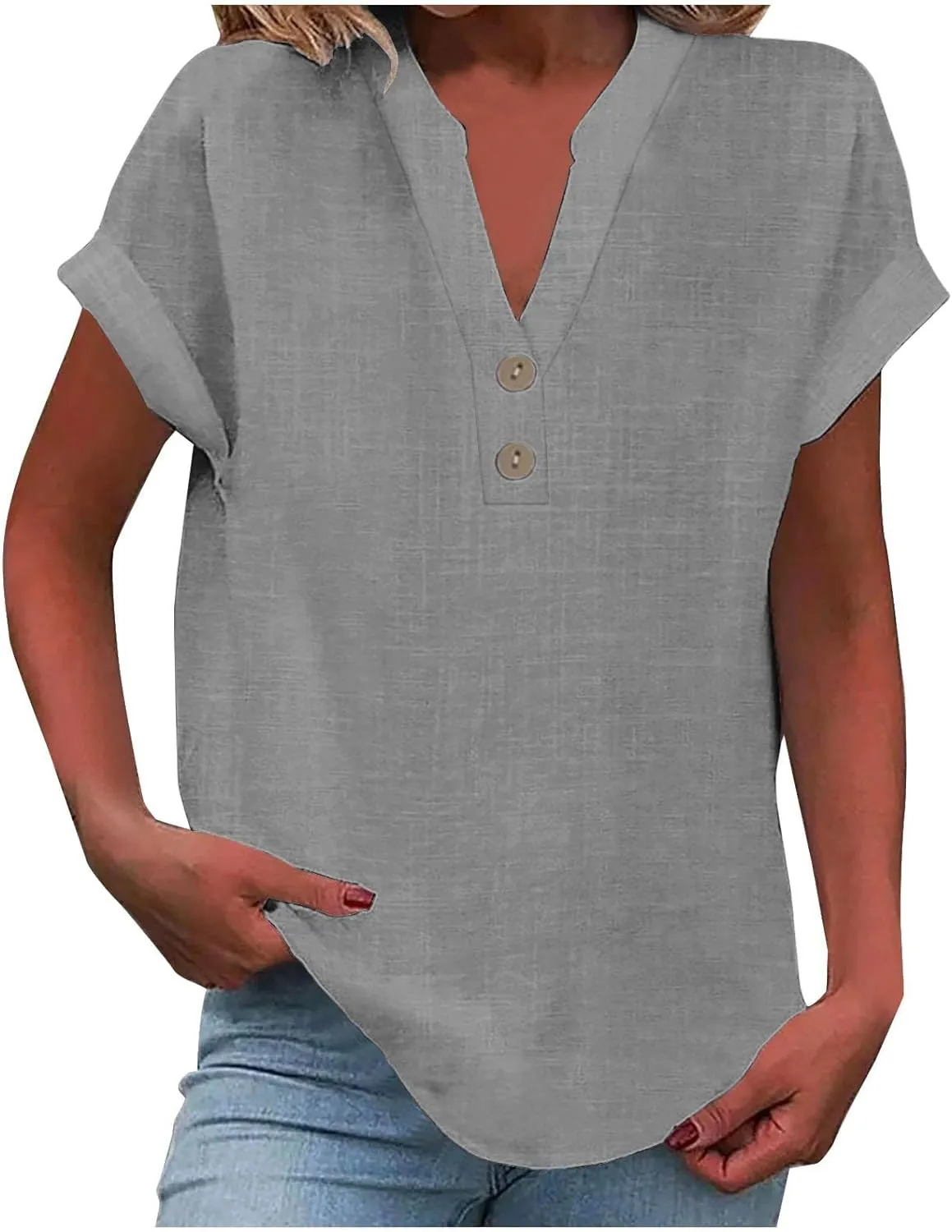 Womens Cotton Linen Tees Summer Short Cap Sleeve Rolled Button Up Shirts Casual V Neck Collared Comfy Blouses Tops