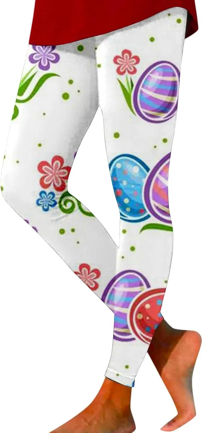 Women's Easter Day Leggings Bunny Egg Print High Waist Butt Lift Breathable Tights Workout Running Sports Yoga Pants