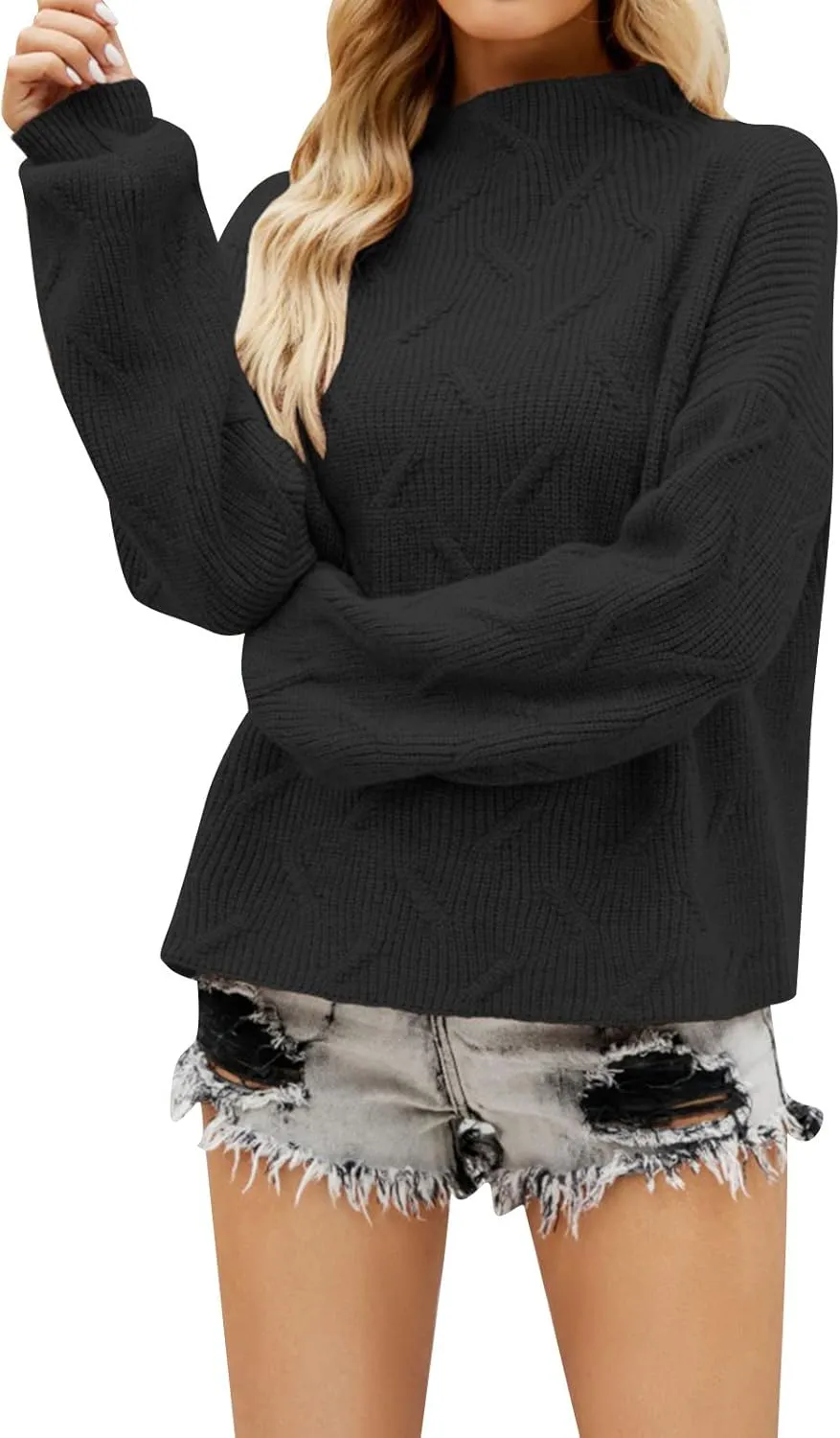 Women's Fall Sweaters 2023 Winter Fall Solid Turtleneck High Neck Balloon Pullover Oversized Jumper Tops (Black, S)